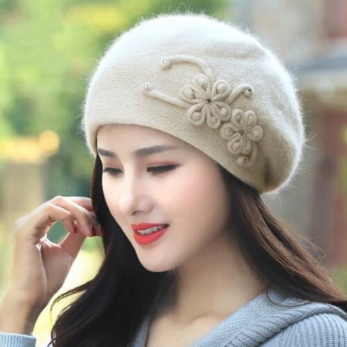 Women Hat Winter Angora Beret Beanie Warm Knit Headwear Flower Casual Soft Classic Thermal Snow Outdoor Accessory