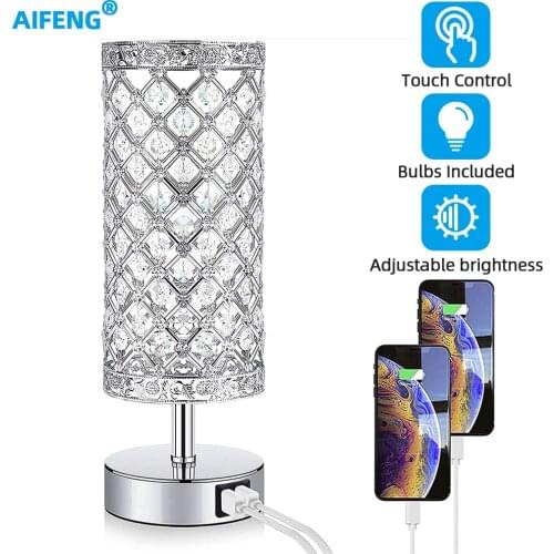 LED Silver Crystal Bedside Lamps with 2*USB ports Indoor Table Lamp for Bedroom Desk Lamp Gift Small Night Lamp E27 110v-220v
