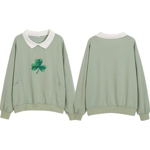 Harajuku Oversized Hoodie Kawaii Green Plant Printed Swearshirt Pullover Graphic Cotton Sweatshirt Long Sleeve Pocket Clothing