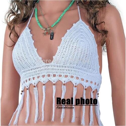 Vintage Women handmade Bralet Strap Bodycon Crop Top Party Corset Bra Crochet Long Tassel Tanks Camis