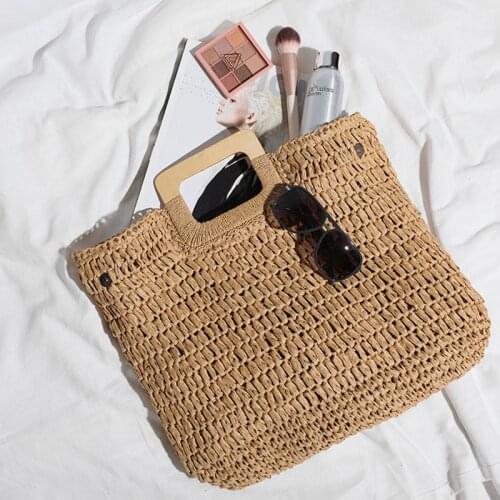 Women Handbag Wooden Handle Hand Woven Straw Bag Large Capacity Handmade Retro Beach Bag