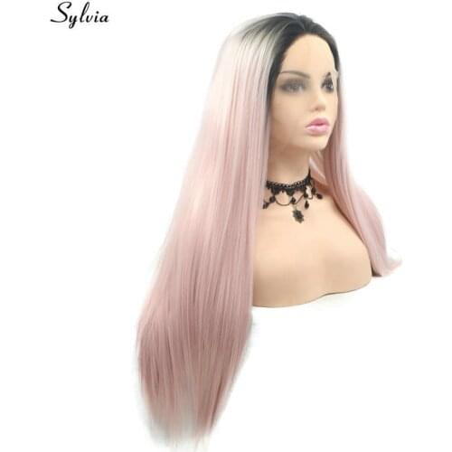 Sylvia Long Ombre Color Pastel Pink Hair For Women Long Glueless Hair Natural Hairline Silky Straight Synthetic Lace Front Wigs