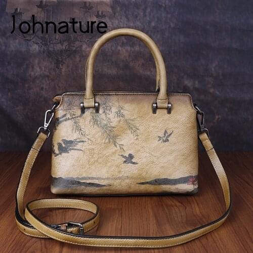 Johnature High Quality Genuine Leather Vintage Shoulder&crossbody Bags 2020 New Handmade Landscape Painted Cowhide Handbag