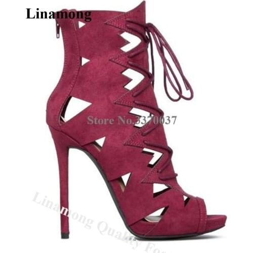 Autumn New Fashion Women Peep Toe Suede Leather Stiletto Heel Short Gladiator Boots Lace-up Cut-out High Heel Ankle Booties Heel