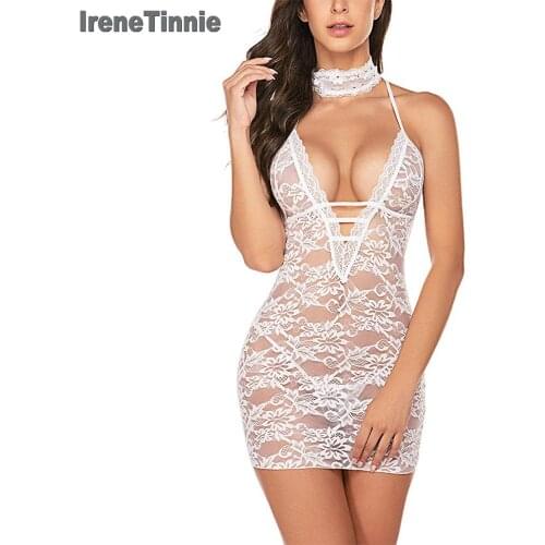 Irene Tinnie Women Clubwear Lace Teddy Lingerie Sexy Deep V Halter One Piece Transparent Dress Bodysuit Nightdress Sexy Lingerie