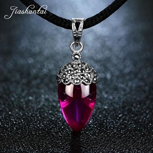 JIASHUNTAI Retro 100% 925 Silver Sterling Ruby Red Gemstone Pendant Necklace Silver Jewelry For Women Fashion