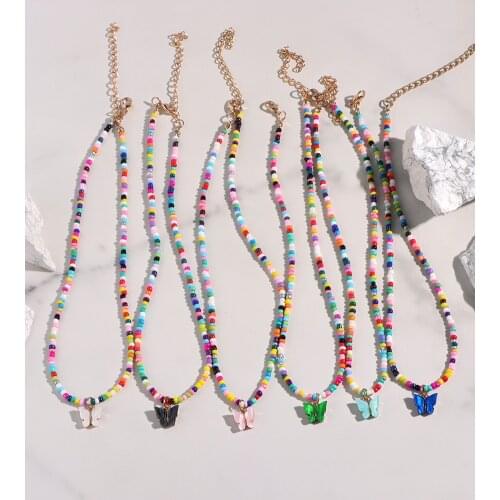 Bohemian Colorful Butterfly Pendant Beaded Necklaces For Women Mix Color Acrylic Rice Bead Strand Resin Necklaces Trendy Jewelry
