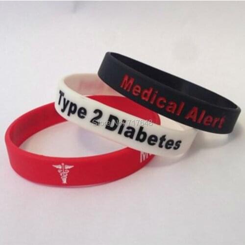 300pcs Medical Alert Type 2 Diabetes Wristband Silicone Bracelets free shipping by FEDEX