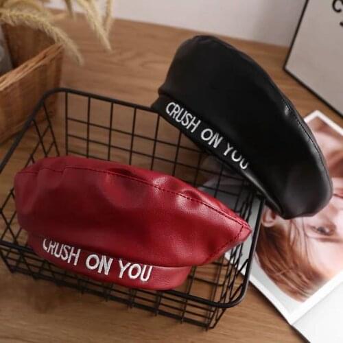 Autumn and Winter Alphabet Leather Beret French Elegant Ladies Leather Beret CRUSH ON YOU Alphabet Solid Color PU Hat Women