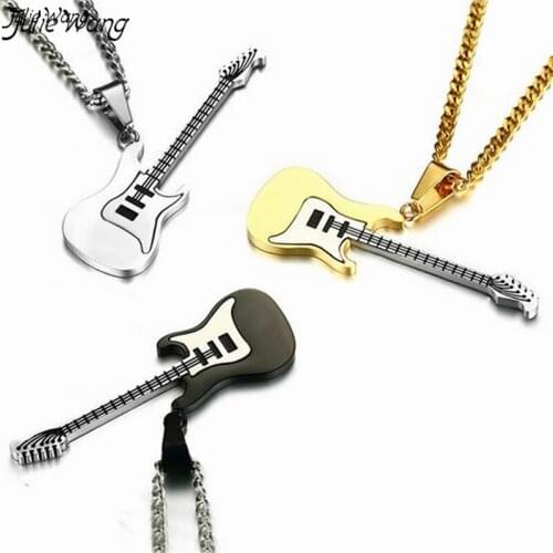 Julie Wang 1PCS Stainless Steel Guitar Necklace Men High Quality Punk Musical Instrument Pendant Link Chain 3 Colors