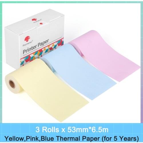 Colorful Non-Adhesive 5-Year Long-Lasting Yellow/ Blue/ Pink Thermal Paper For Phomemo T02 Pocket Printer 53mm 3 Rolls/Box