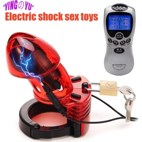 Electric Shock Dildo Vibrator Male Chastity Device Ball Stretcher Electro Penis Ring Lock Cock Cage Timer Adult Sex Toys For Men