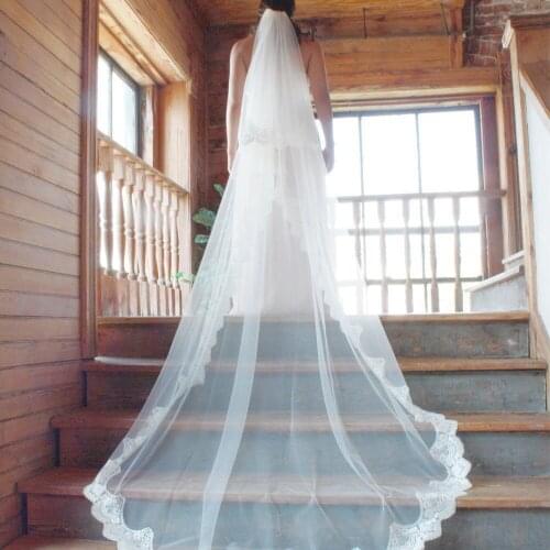 White/Ivory 2015 Wedding Veil 2 Layers Long Cathedral Length Lace Bridal Veil With Comb Wedding Accessories veu de noiva MD 4026