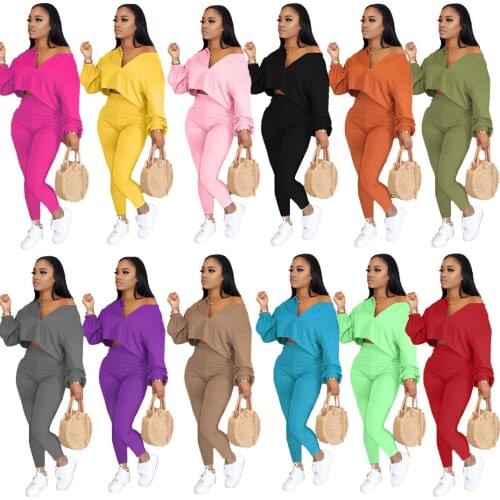 FNOCE 2020 autumn new womens tracksuits fashion casual solid long sleeve v-neck loose short tops tight trousers 2-pc sport suit