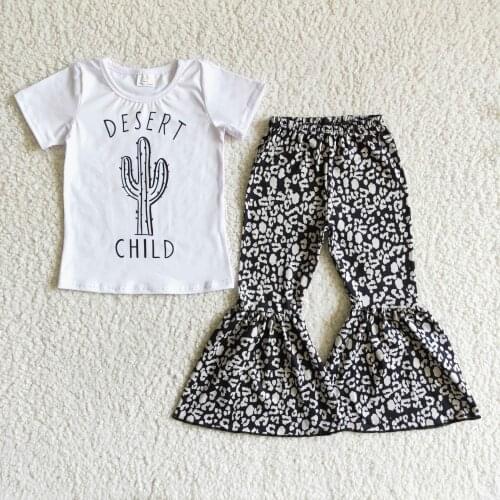 Boutique kids outfit girl fashion summer bell pants clothing set with catcus pattern toddler girl short sleeve outfit