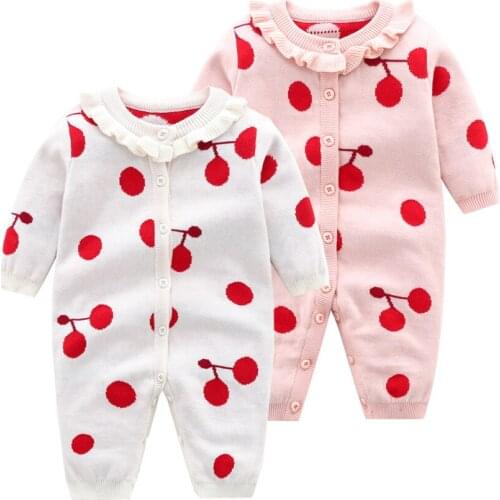 Newborn Baby Clothes Spring - Autumn Toddler Girls Knitted Romper White Pink Fruits Print Long Sleeve Jumpsuits For Baby 0-24M
