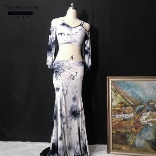 Belly dance practice clothes tie-dye oversized fishtail skirt sexy dew dance clothes female adult elegant performance clothes