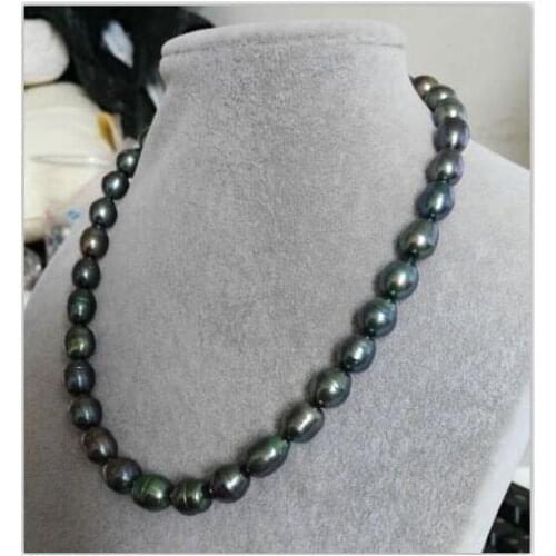 Stunning 12-13mm tahitian black green baroque pearl necklace 18inch