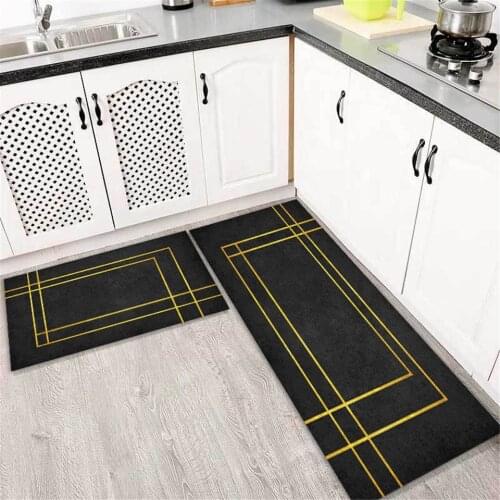 Luxury Black Kitchen Mats For Floor Nordic Simple Bedside Carpet Abstract Gold Geometric Line Area Rug Flannel Hallway Rug