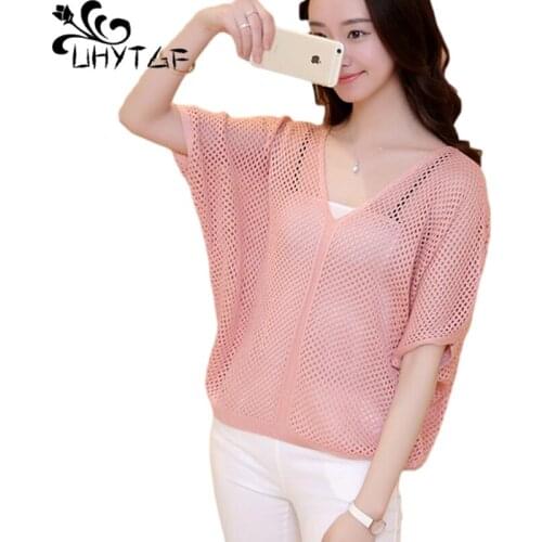 UHYTGF Summer T-Shirts With Short Sleeve Top Female Fashion Hollow Knit Thin Coat Elegant Womens Clothes Camisetas De Mujer 2012