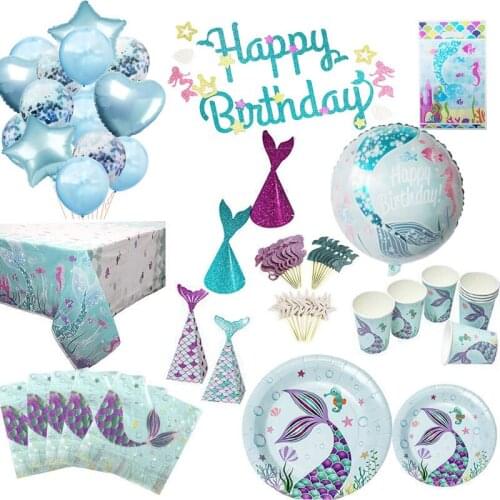 Mermaid Theme Birthday Party Decoration Mermaid Party Disposable Tableware Set Cake Topper Baby Shower Girl 1st Birthday Party