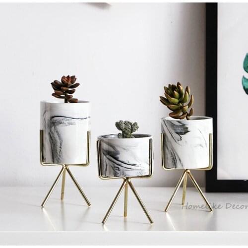 Pack of 3 Ceramic Planters Marbled Design Flower Plants Pots with Iron Racks Tabletop Flower Vases Home Garden Decoration Gifts