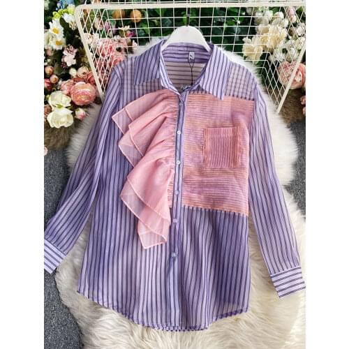 2021 Spring Autumn Womens Blouse Korean Casual Lapel Striped Ruffled Top New Loose Female Shirts UK438