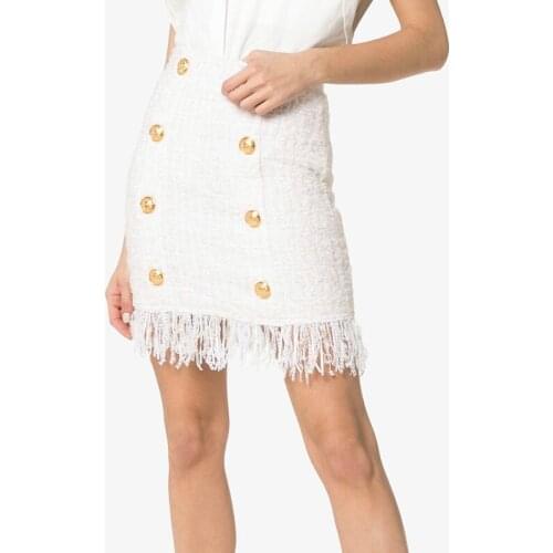 S-XXL high quality custom solid color bright silk wool metal button slim tassel womens skirt black and white two colors