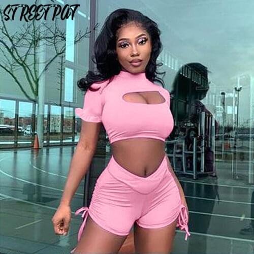 Sexy Two Piece Set Women Tracksuit Hollow Out Drawsting Crop Top+Biker Shorts Sets Elastic Sport Vacation Outfits SummerNew