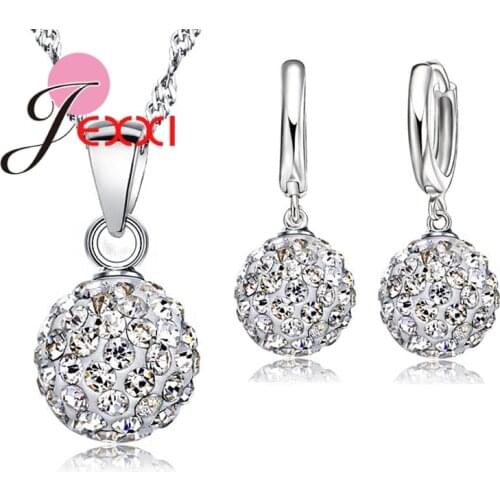 New 10 Color Jewelry Sets 925 Sterling Silver Austrian Crystal Pave Disco Ball Lever Back Earring Pendant Necklace Woman