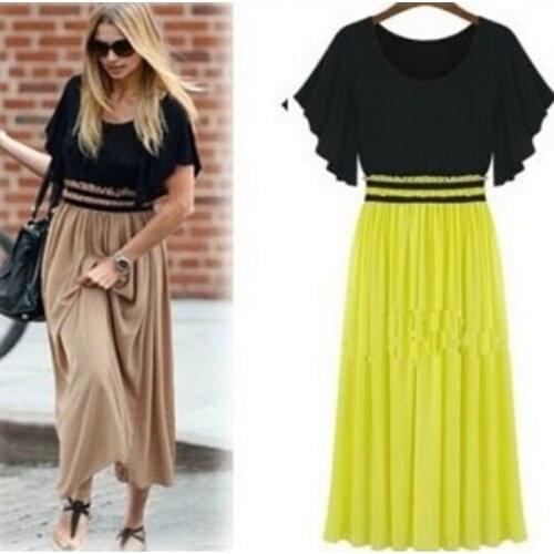 LET-SETTING Bohemian Women High Waist Ruffle Sleeve Long Chiffon dress Sexy Vintage Plus Size Dress S,2XL,3XL,4XL Yellow,Brown