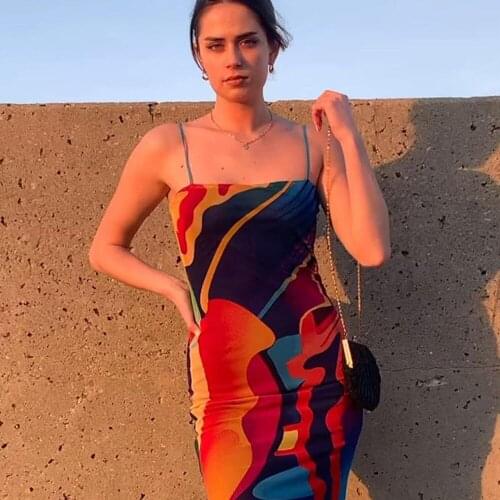 Abstract Print Mesh Colorful Art Sexy Suspender Skirt Womens Backless Elegant Bodycon Party Beach Dress Slim Mini Dress Summer