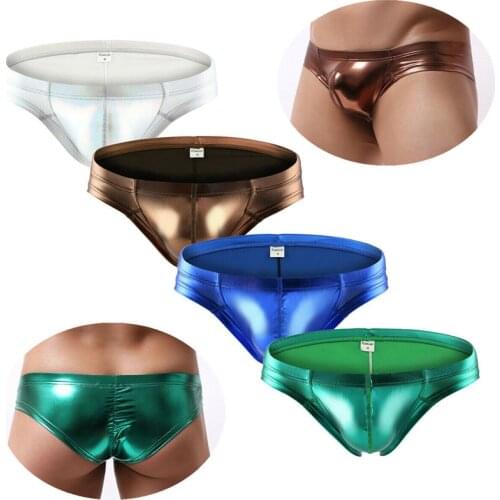 Shine PU Leather Mens Briefs Low Waist Underpants Party Night Stage Dancewear Men Underwear Sexy Breathable Underpants Panties