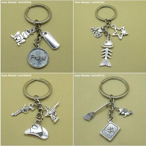 Keychain Keyring Signs Faith Sign Tag Hope Prince Frog Fishbone Bone Fish Cat My Love Star Pentagram Hats Cowboy Gun Revolver
