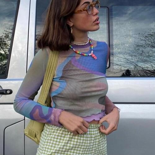 Womens Sheer Mesh T-Shirts Long Sleeve Abstract Print Crew Neck Slim Fit Crop Tops Autum Fall Fashion High Street