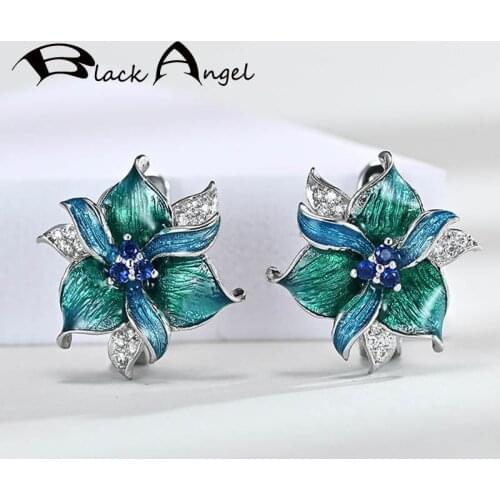 BLACK ANGEL Silver 925 Fashion Green Enamel Flowers Blue Gemstone CZ Clip Earrings 2020 New Jewelry Wholesale Christmas Gift