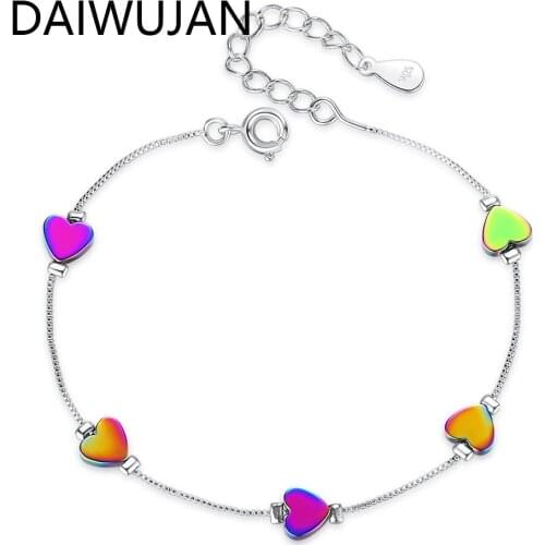 DAIWUJAN Korean Colorful Rainbow Heart Shaped 925 Sterling Silver Bracelets for Girl Women Fashion Love Jewelry Gift Pulseras