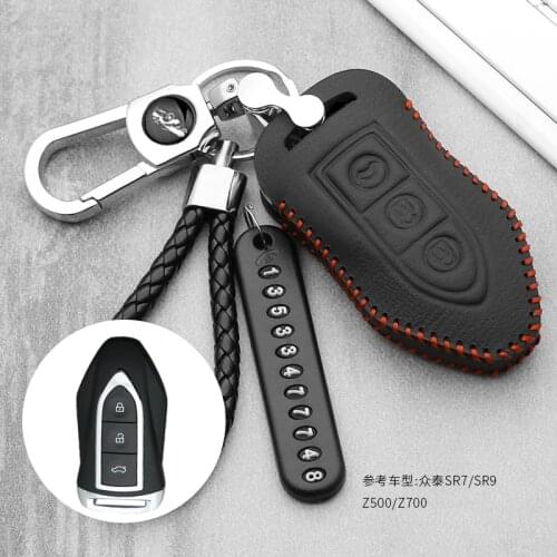 Leather car key fob cover case protect skin set hood for zotye t600 t700 remote keyless keychain keyring holder car styling