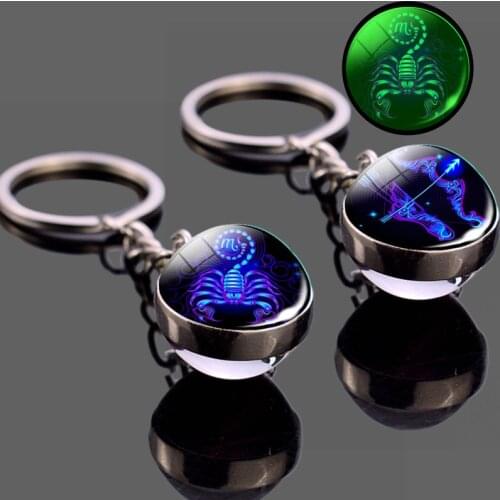 Round Glass Ball Pendant Luminous Zodiac Keychain Fluorescence 12 Constellation Key Chain Car Key Ring Men Women Birthday Gift