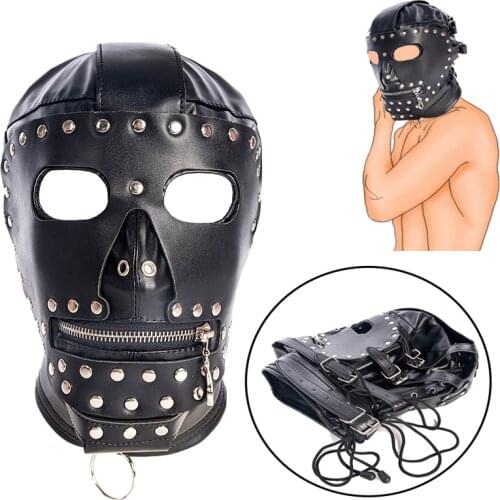SM Erotic PU Leather Hood Mask For Women And Men Head BDSM Bondage Halloween Masks Adjustable Zipper Head Mask Cosplay Sex Toys