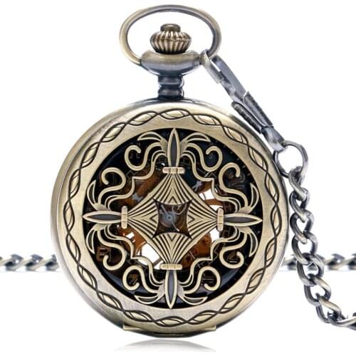 Bronze Copper Metal Hand Winding Mechanical Pocket Watch Hollow Beautiful Chinese Knot Style Steampunk Pendant with Fob Chian