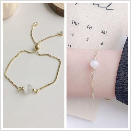 Fashion Simple Round Opal Bead Metal Chain Bracelet Bangle Korean Wristband Wristlet Wrist Jewelry Bracelets for Women Girl Gift