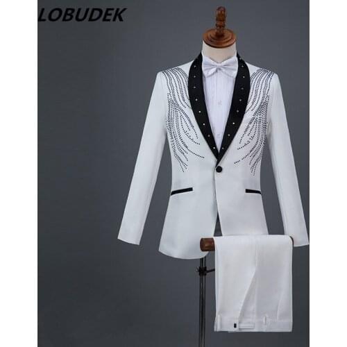 Men Formal Suits White Black Red Crystals suits Bar singer Chorus Prom Compere Master for Wedding Host stage performance Costume