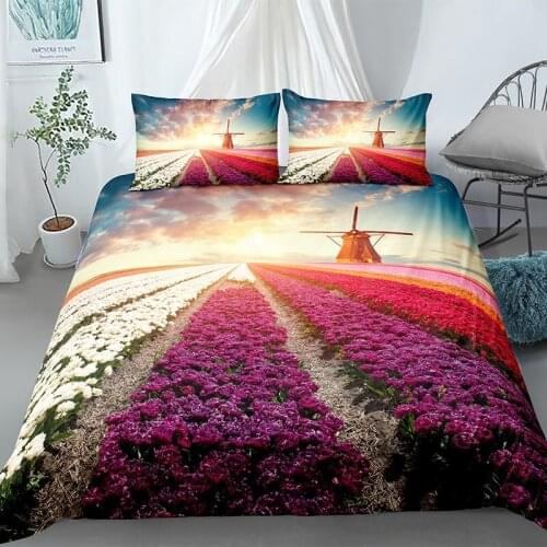 Pink Flower Field Bedding Set Luxury Fantasy Comforter 3D Print Duvet Cover Set Home Textile Decor Queen King Single Size Sunset