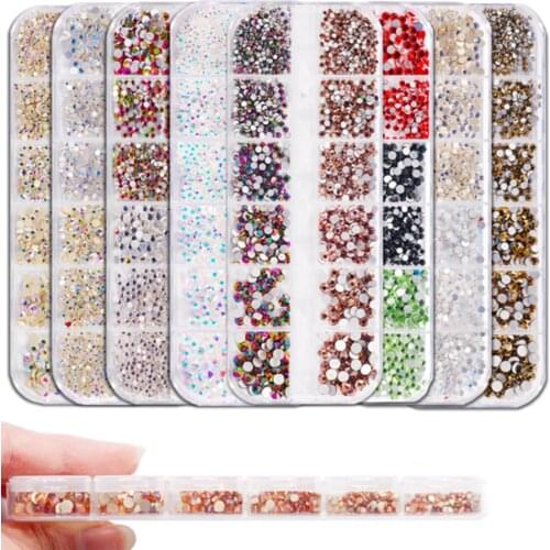Clear Crystal Flat Back Glass Nail Rhinestone 3D Mixed Size Glitter Diamonds Nail Art Decoration in Set
