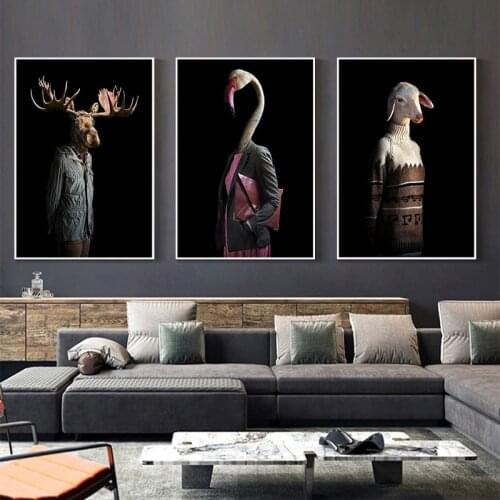 Caribou and Flamingo In Human Clothes Canvas Print Anthropomorphic Animal Art Painting on Wall Decor Picture for Home Room Adorn