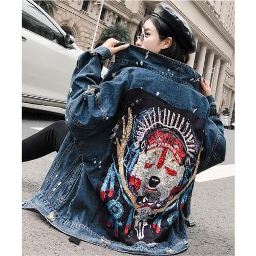Denim jacket womens autumn new plus size womens BF wind beaded totem sequins ripped top tide