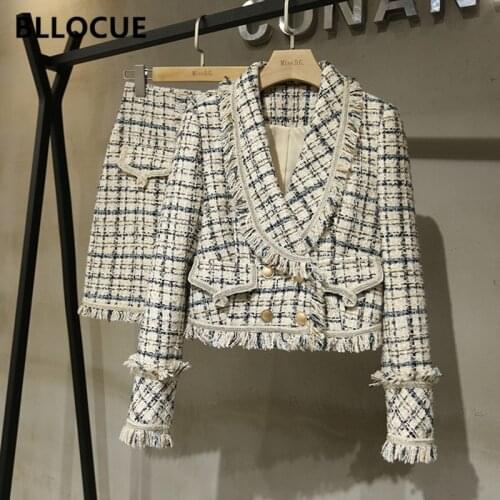 BLLOCUE Tweed Suit Set 2021 Winter Women Gold Double-breasted Short Jacket Coat+Tassel Mini Skirt Suit Wool 2PCS Clothing Set