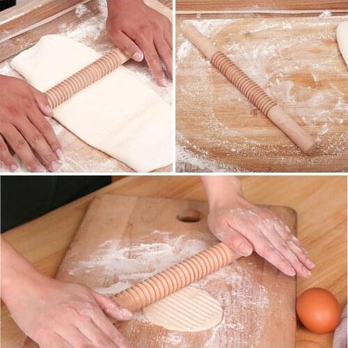 1Pcs Wooden Thread Rolling Pin Whole Wood Pattern Baking Baking Stick Pastry Flower Dumplings Roller Cake Rolling E1Y8