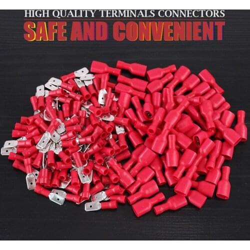 100pcs FDD 1.25-250 MDD1.25-250 6.3mm Red Female + Male Spade Insulated Electrical Crimp Terminal Connectors Wiring Cable Plug